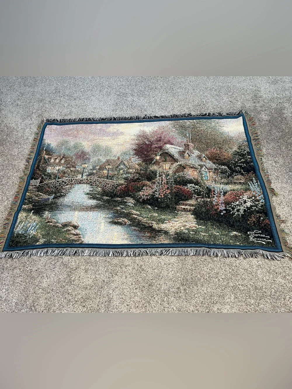 Vintage Thomas Kinkade Cottage River Tapestry - Blue, Green, Brown, Cream